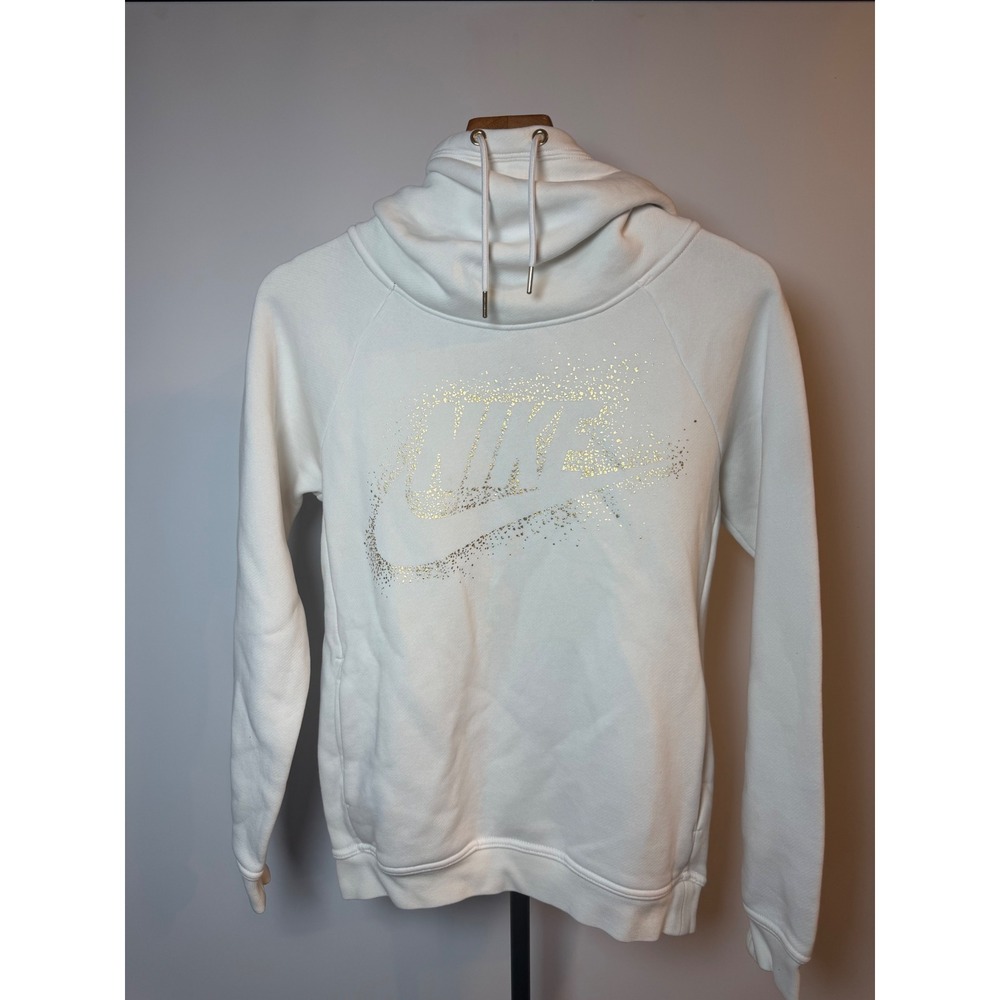 Nike Womens Sportswear Funnel Neck Hoodie White Gold Foil Logo XS 0604